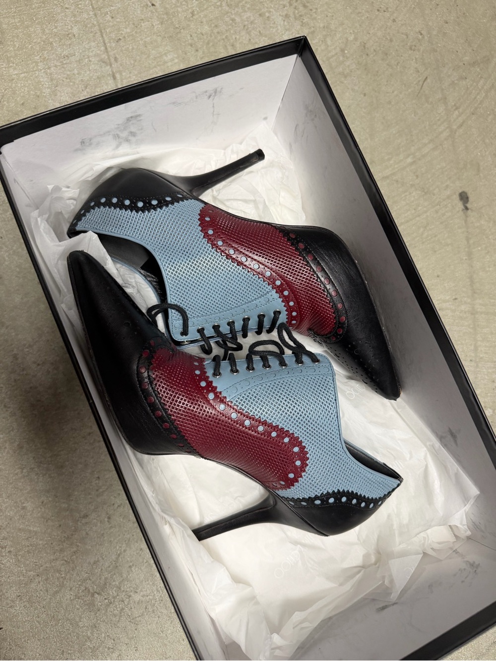 Gucci Black, Light Blue & Burgundy Lace-Up Pointed Stiletto Heels